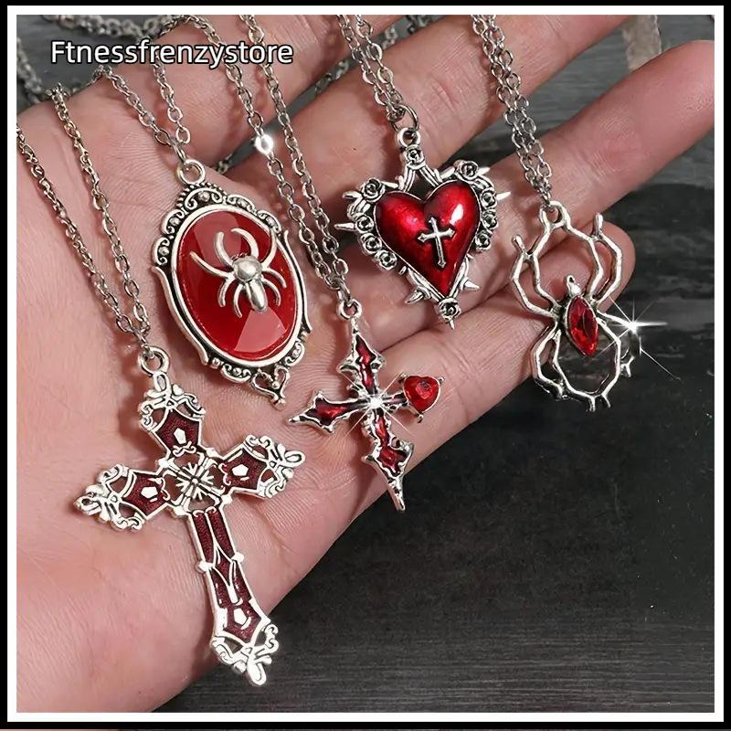 [fitnessfrenzystore] 5 ชิ้นชุดสร้อยคอโกธิคสําหรับผู้หญิงเครื่องประดับฮาโลวีนหัวใจค้างคาวแมงมุมข้ามจี