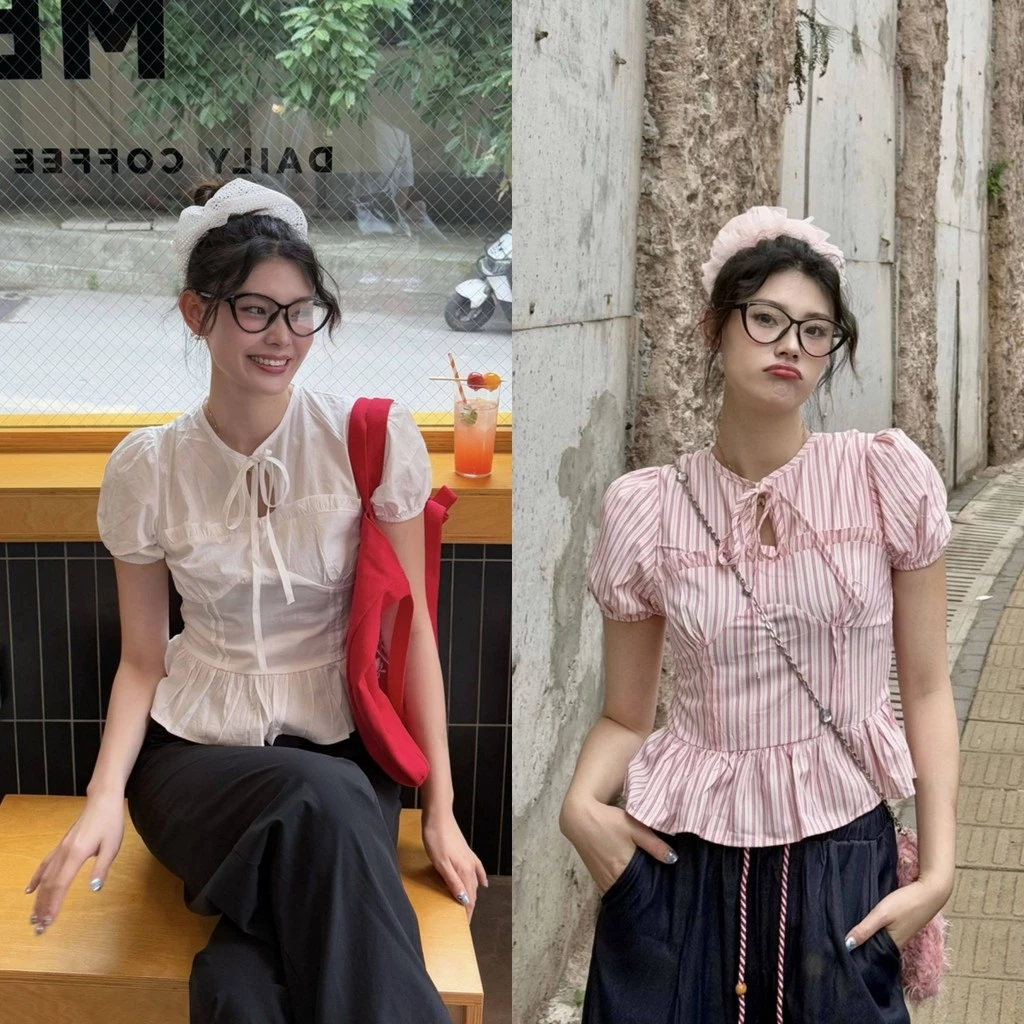 เสื้อเชิ้ตแขนสั้นสไตล์เกาหลี สีทึบสำหรับผู้หญิง