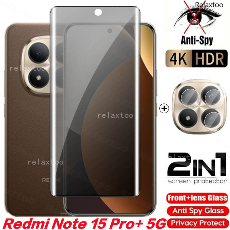 2IN1 Privacy Screen Protect Glass Phone Film For Xiaomi Redmi Note 15 Note15 Pro Plus + Pro+ 15Pro+ Note15Pro+ 5G 4G Curved Anti Spy Front Screen Protect Tempered Glass Back Camera Lens Phone Film