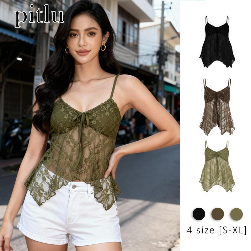 pitlu เสื้อสาวสไพร์ล레이ส สายผูกหน้า สายเดี่ยว สีเขียว/น้ำตาล/ดำ ขนาดS-XL อวัยวะนุ่ม ไม่ขัดผิว