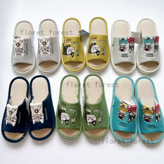 รองเท้าแตะสไตล์ญี่ปุ่น คุซูกุรุ ลายปักแมวและปากปลา ทำจากผ้าฝ…