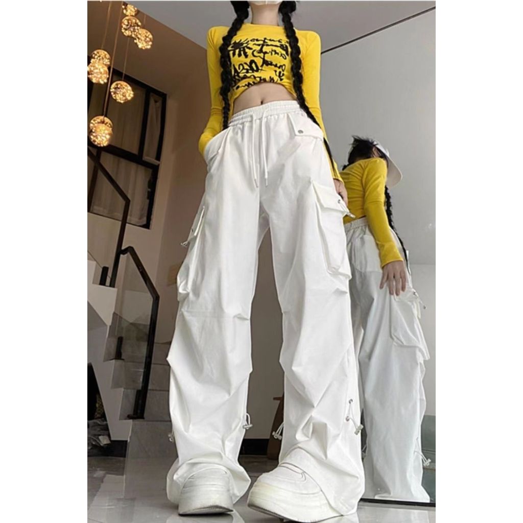 อเมริกันสีขาวจีบ Drawstring Overalls ผู้ชายผู้หญิงฤดูใบไม้ผลิฤดูใบไม้ร่วงเกาหลีรุ่น High Street Hip 