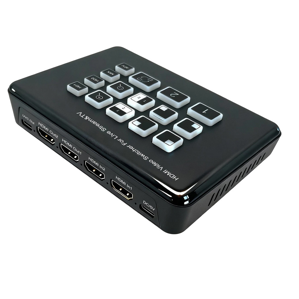 1080P 2 Entry HDMI Video Switcher Mixer 2 in 1 Out Vs 2 in 2 Out PIP Mic Line ในการผสมเสียงสําหรับกล้องถ่ายทอดสดการจับภาพวิดีโอการบันทึก