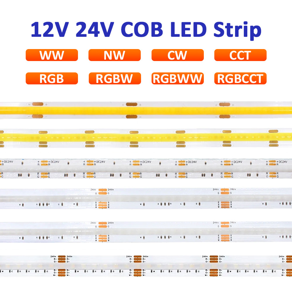 5M 12V 24V COB LED Strip Light RGB RGBW RGBCCT CCT ริบบิ้นแบบยืดหยุ่น 320LEDs 784LEDs 840LEDs Warm Cool โคมไฟเชิงเส้นสีขาวธรรมชาติ