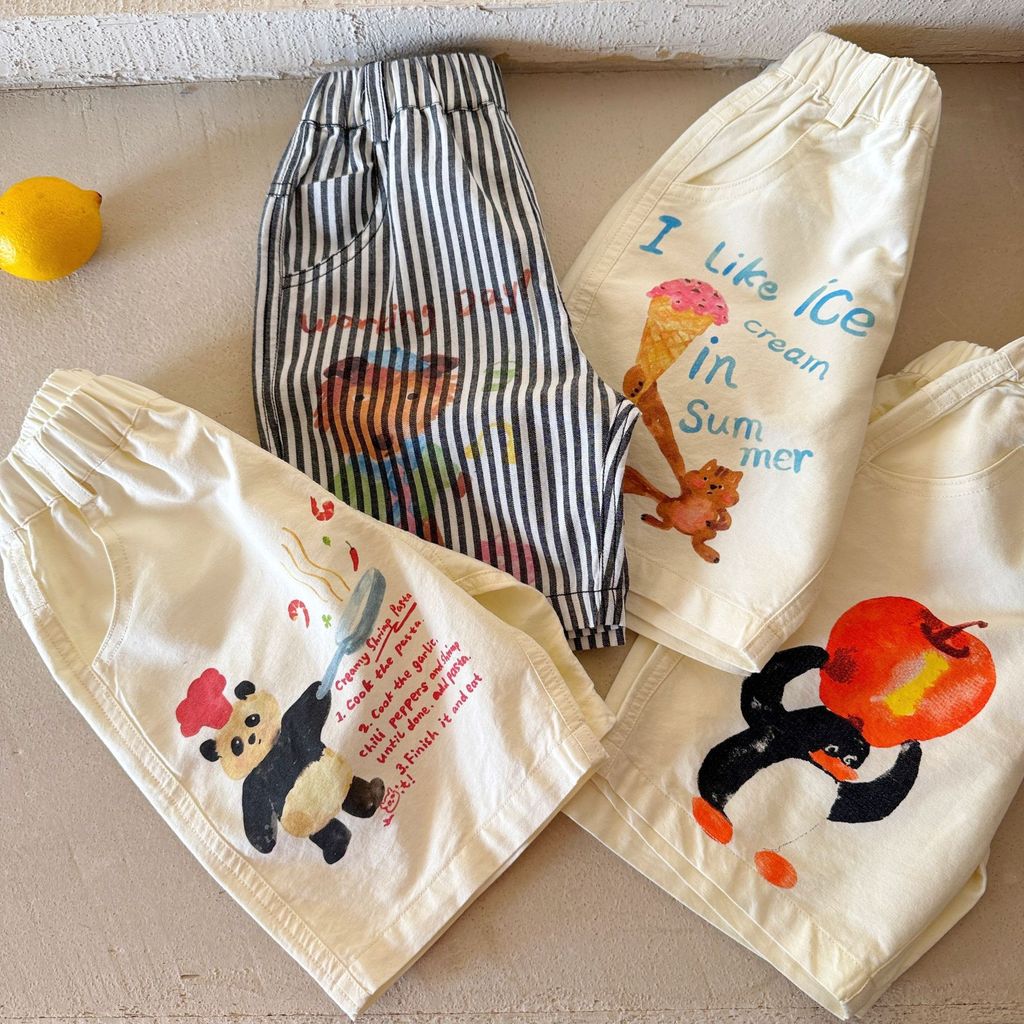 「สินค้าลิขสิทธิ์แท้」IRIS KIDS x Funfun 26ss IKP260340 Fun Animal Pants กางเกงขาสั้นเด็ก ลายสัตว์ ผลไม้ ใส่สบาย ผ้านิ่ม