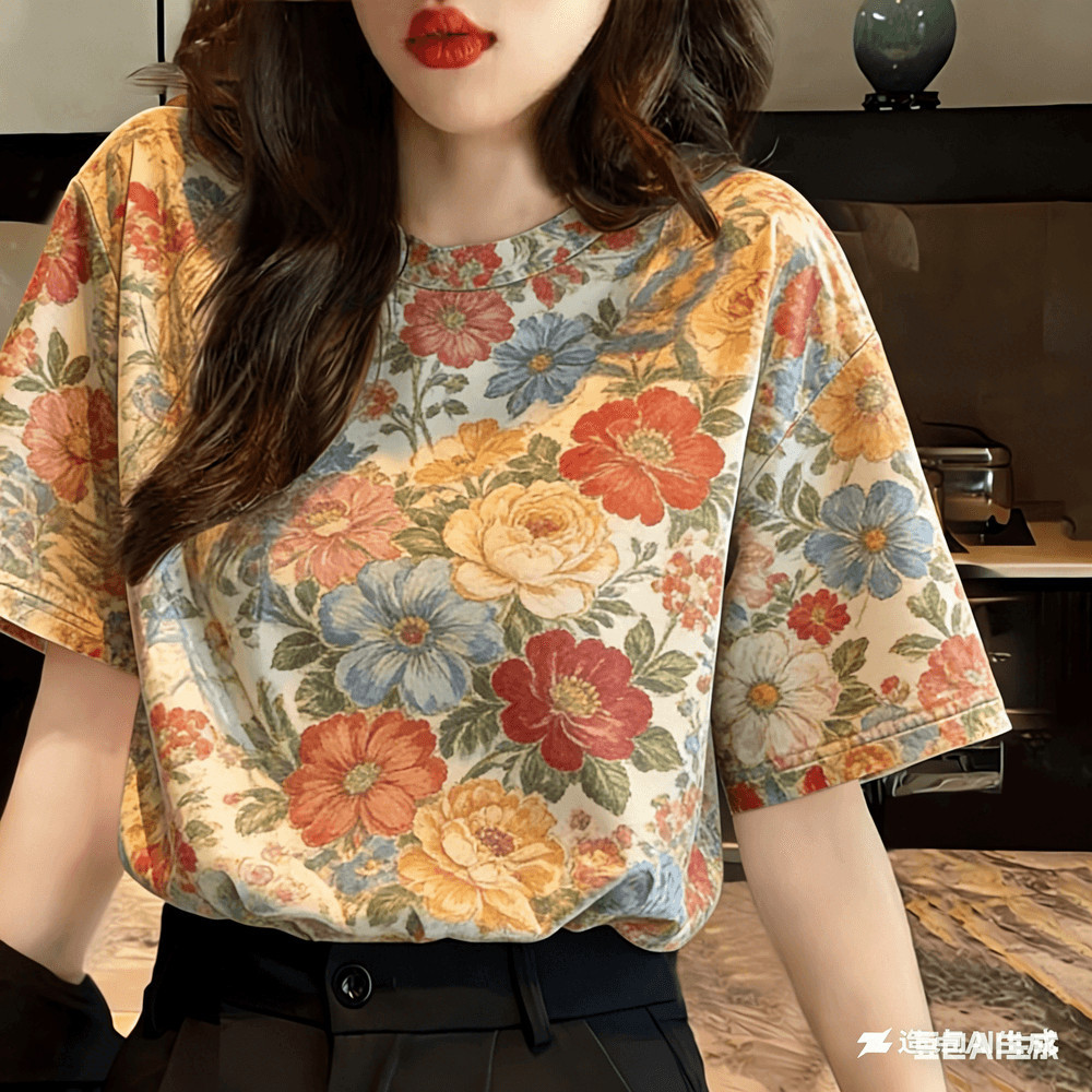 เสื้อยืดผู้ใหญ่ ลายดอกไม้แขนสั้น สบายๆ เหมาะสำหรับเทศกาลสงกรานต์