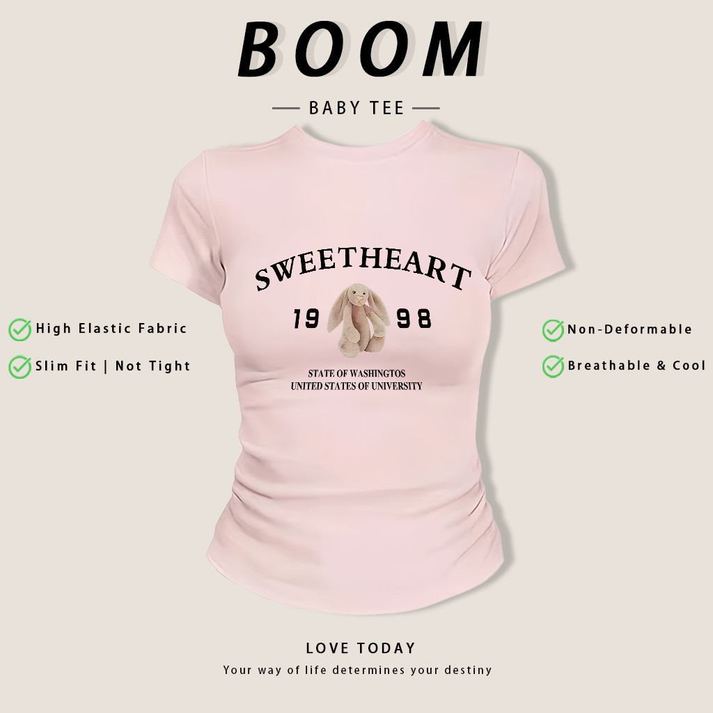 BOOM ฤดูร้อน เสื้อยืดสั้นแขน สไตล์เกาหลี Baby Tee ผ้าฝ้ายเกรดA กระชับสวย ลายน่ารัก ระบายอากาศดี (เงินสดปลายทาง)