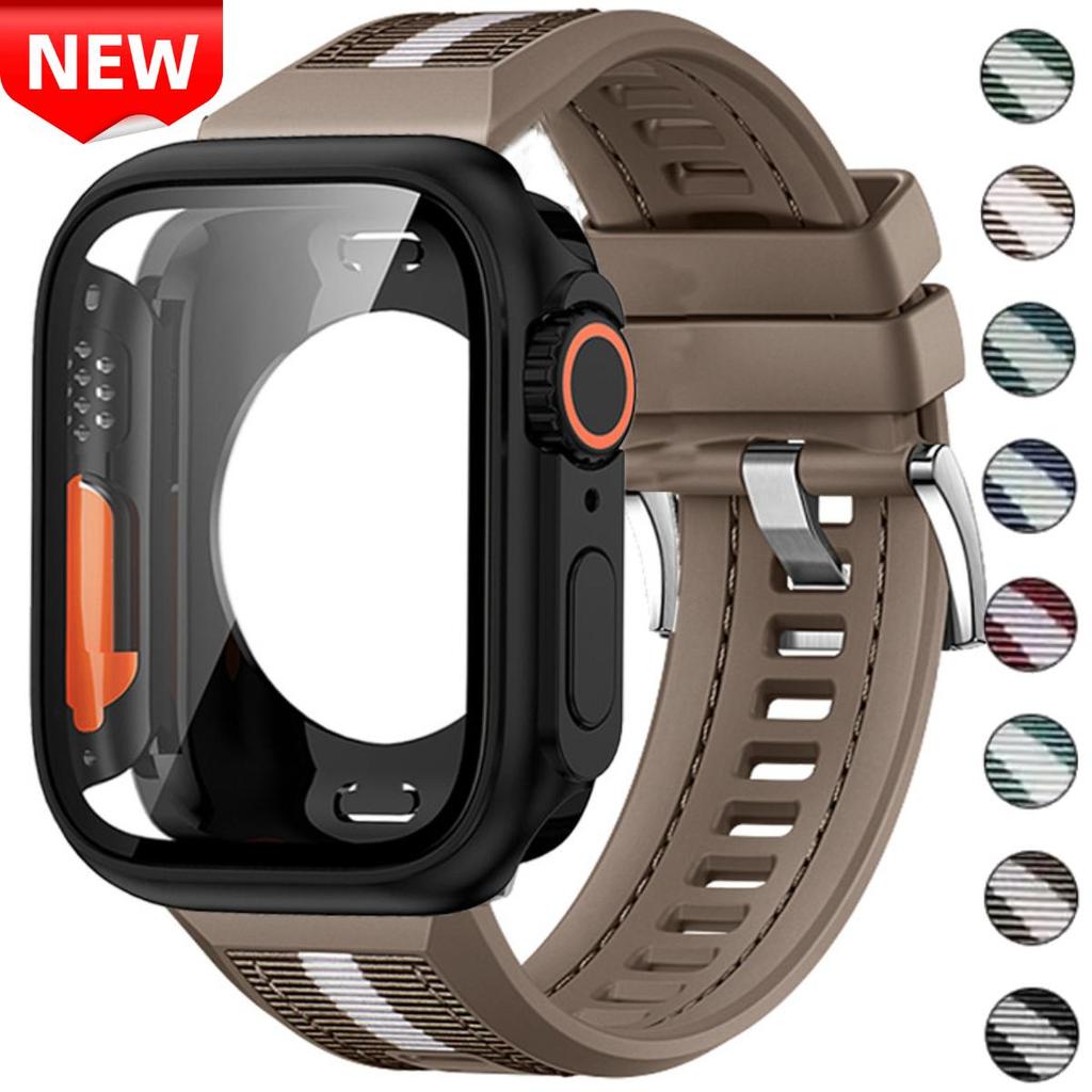 2-in-1 เคสซิลิโคน + สายคล้องคอไนลอน พร้อมกระจกนิรภัย สําหรับ Apple Watch Series 11/10/SE3/9/8/7/6/5 ขนาด 40/41/42/44/45 มม.