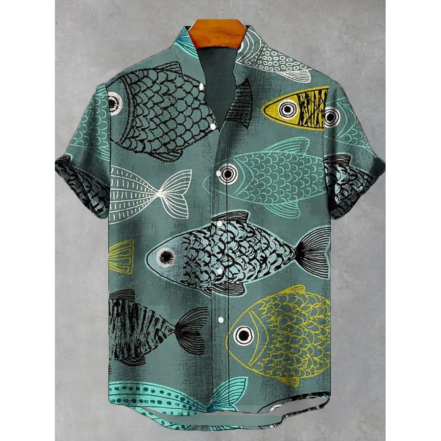 ฤดูร้อนผู้ชายสบายๆ Sea Life กราฟิกแขนสั้นเสื้อปุ่มลงปกเสื้อขนาดใหญ่เสื้อลําลองเสื้อฮาวายสําหรับชาย 9