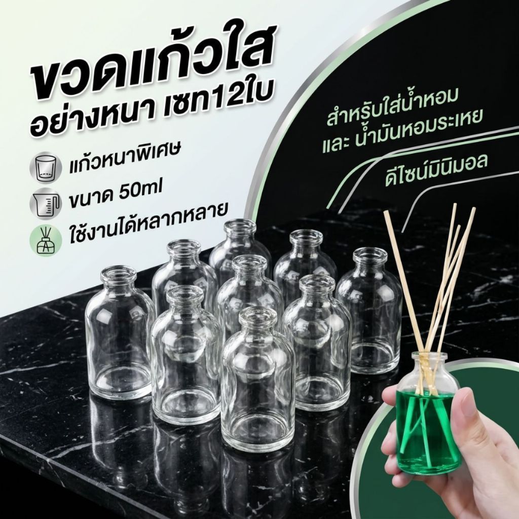 ขวดแก้วใส 50ml เซท12ใบ ขวดใส่น้ำหอม ขวดแก้วหนา ไม่มีฝา ทรงมินิมอล ใช้ซ้ำได้ ราคา ถูกที่สุด ดีลบีเคเค แกลเลอรีภาพที่ 4