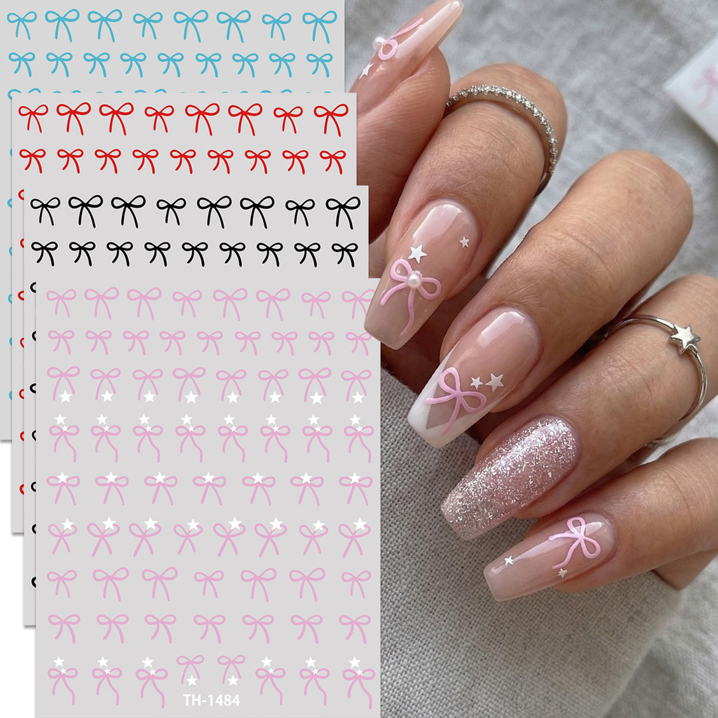 HAMA 3D Self-Adhesive สติ๊กเกอร์ติดเล็บ Bowknot Ribbon French Nail Design Heart Star Nail Art Decals Balletcore Coquette สไตล์ DIY ตกแต่ง