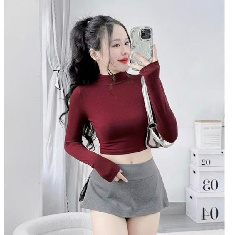 AC21p เสื้อยืดแขนยาวผู้หญิงคอปก CROPTOP และแขนยาว ไซส์ต่ํากว่า 53kg