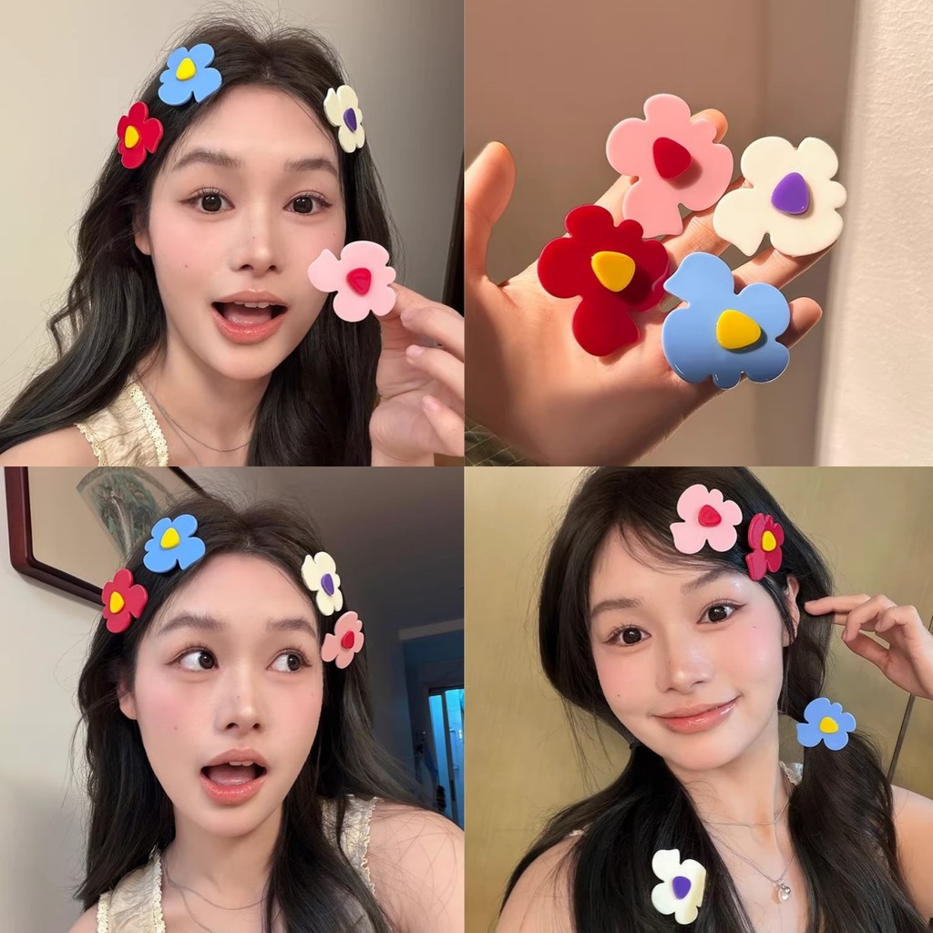 เซ็ตคริปดอกไม้สีหลากสีสไตล์โดปามีน 4 ชิ้น รุ่นใหม่ 2026 สไตล์หวานน่ารัก คริปข้างหน้าผม
