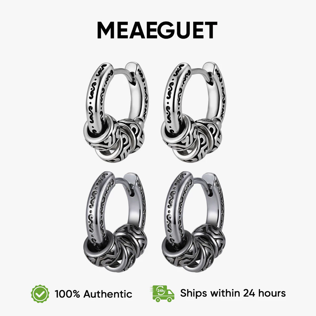 MG Tangcao Pattern ต่างหูห่วงสีดํา Hypoallergenic Hip Hop Rock Style Cool อินเทรนด์สําหรับผู้ชายผู้หญิง