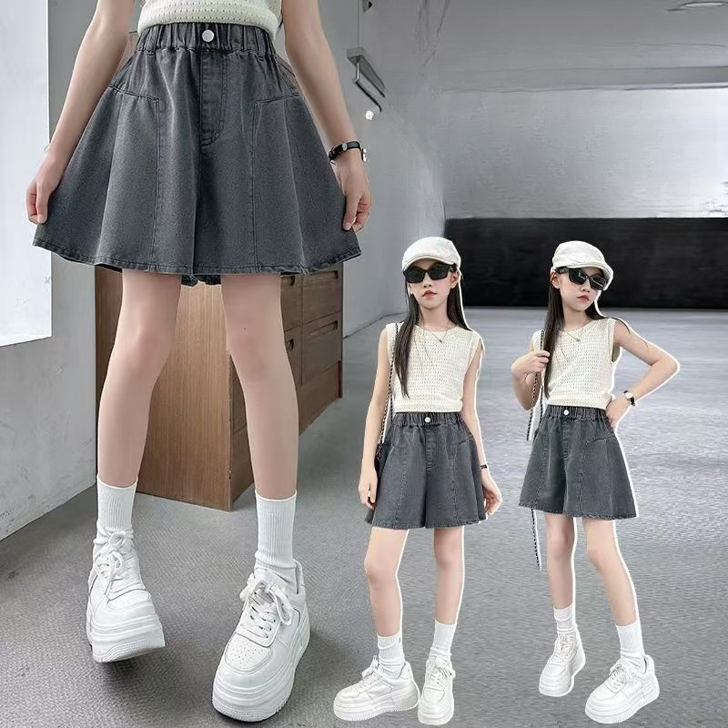 120-170 สาวฤดูร้อนน้ําหนักเบา Denim หลวม Skorts กางเกงขาสั้นอินเทรนด์ Casual อเนกประสงค์กางเกงร้อนสําหรับ 4-16 Yrs เก่า