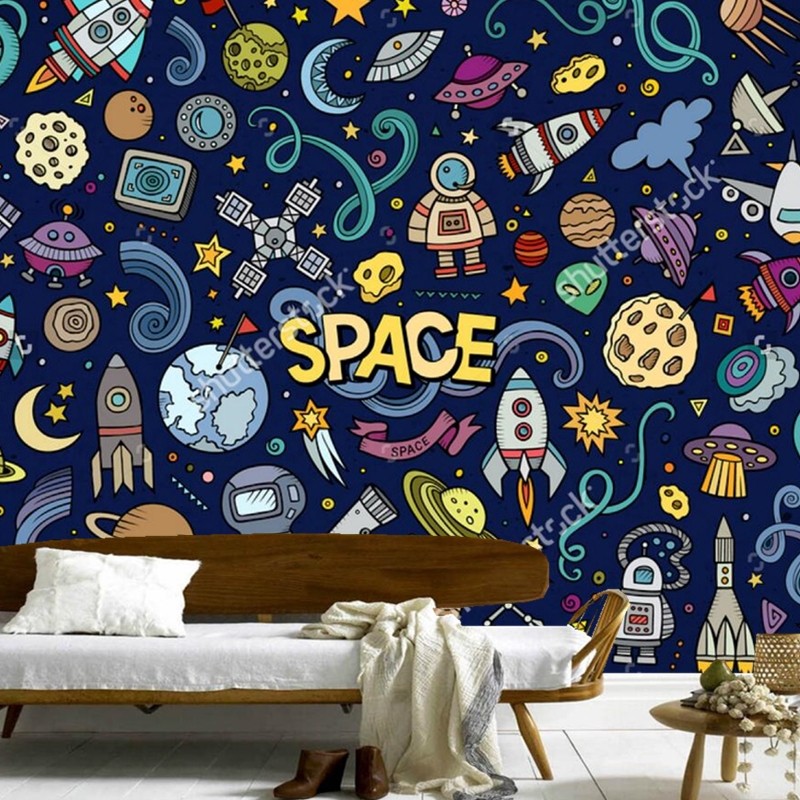 มือวาด Graffiti Space Planet Rocket วอลล์เปเปอร์สําหรับห้องเด็กห้องนอนเด็กตกแต่งภาพจิตรกรรมฝาผนัง Bo