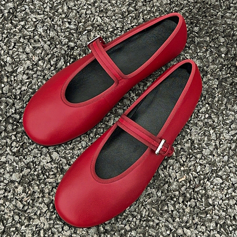 F7QK Weslien Mary Jane shoes, French-style round-toe flat-heeled soft sheepskin ballet shoes, leopar