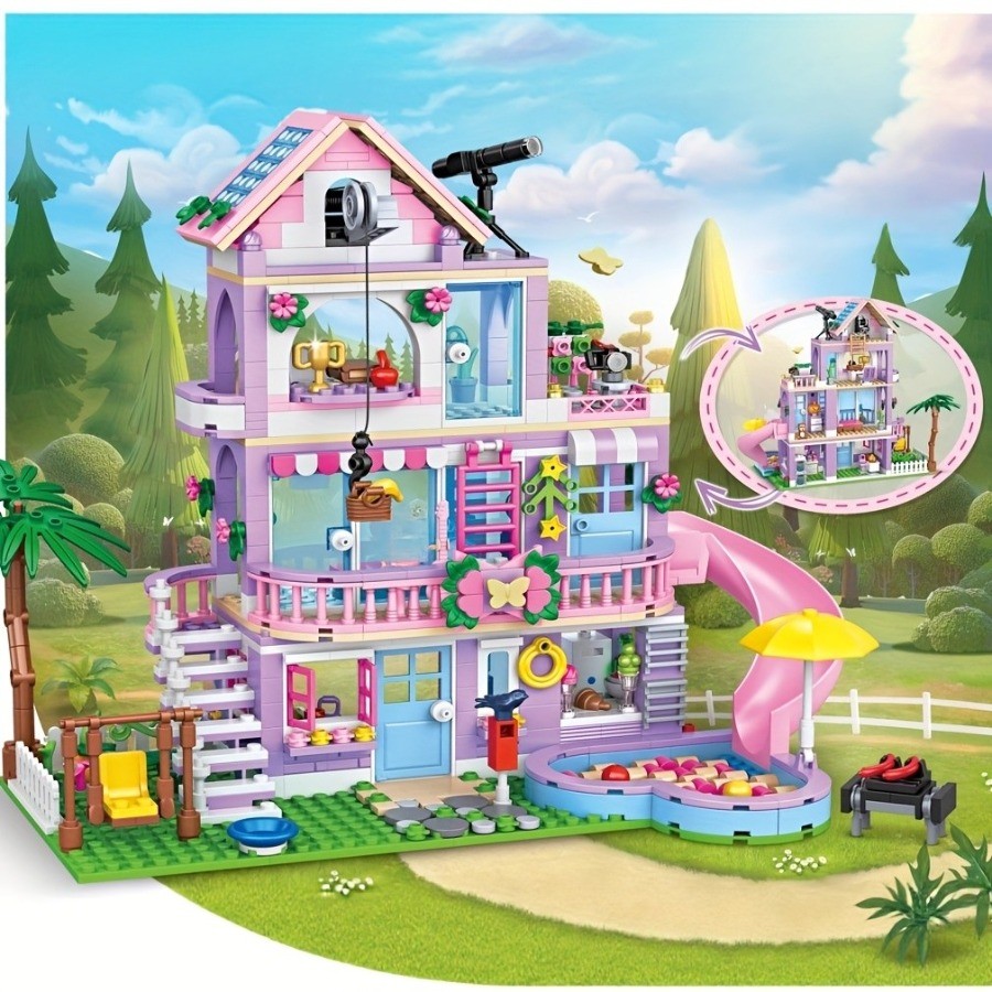 775pcs Friends City House วันหยุดฤดูร้อนสไลด์สระว่ายน้ํา Villa Apartment MOC Building Blocks ชุดรูป DIY ของเล่นสําหรับเด็กสาวคริสต์มาสของขวัญ