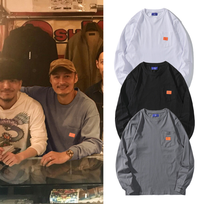 เสื้อยืดแขนยาว MDNS Shawn Yue สำหรับผู้ชาย ออกแบบหลวมรอบคอ สีทึบ มีการปัก พื้นผ้าเป็นฝ้ายแท้ เหมาะสำ