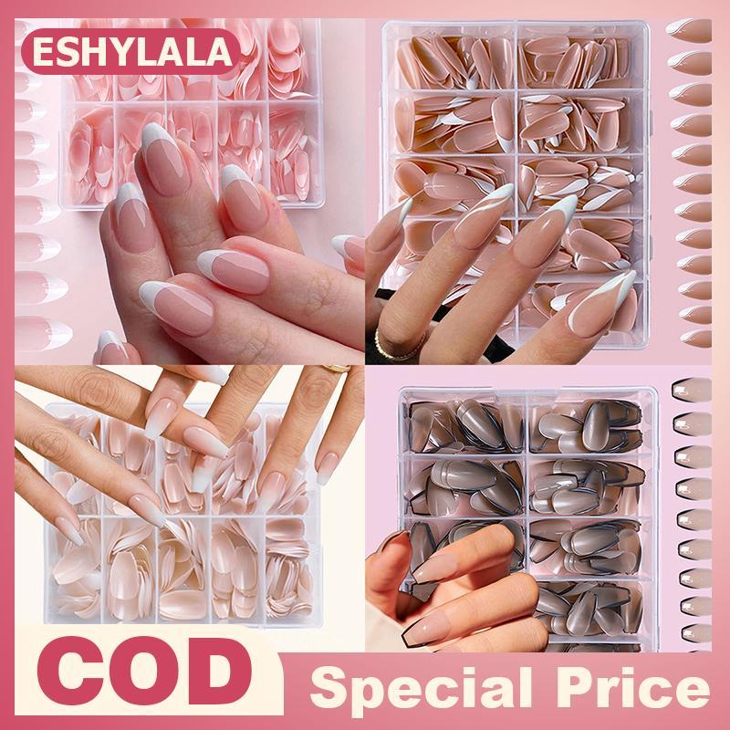 [Bea-t] 120/240/360 ชิ้น/กล่องGlossy Soft Gel Pink French Nail Tips Medium Almond White Simple Press