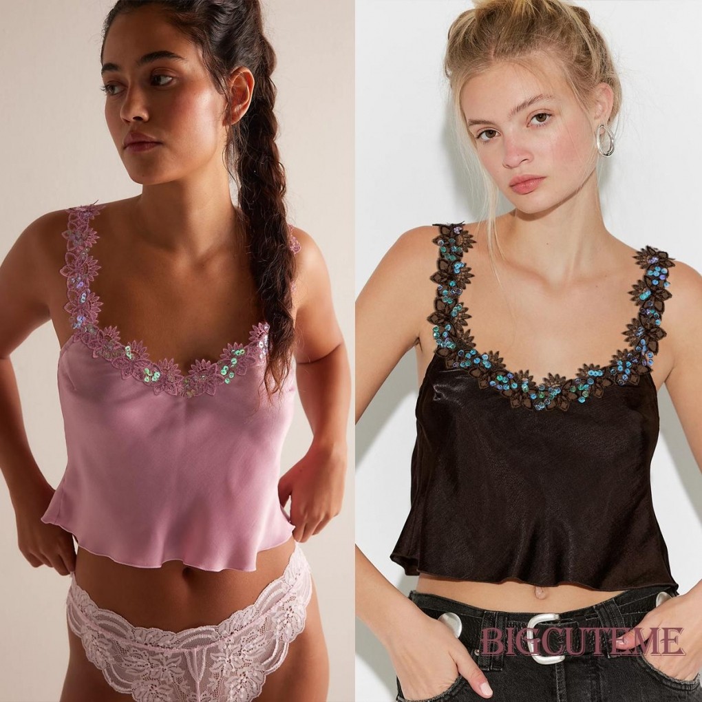 เสื้อชั้นในสตรีลายเลื่อมดอกไม้คอวี สไตล์ยุคSummer vintage Y2K