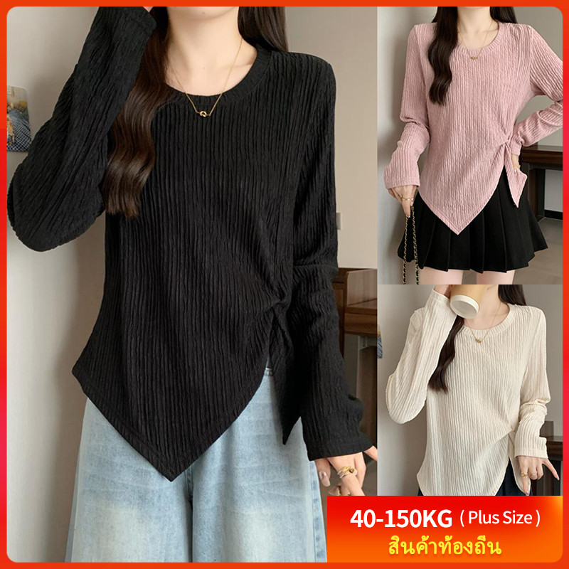 พร้อมสต็อก [เสื้อเชิ้ตโอเวอร์ไซส์] (40-150 กก.) พลัสไซส์ ผู้หญิง เนื้อผ้า ชายเสื้อไม่ปกติ แขนยาว เสื้อท็อป สไตล์หวาน หลว
