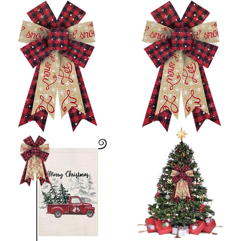 Hying 2PCS Christmas Bows สําหรับพวงหรีด, Burlap พวงหรีดสีแดงโบว์สําหรับ Xmas Décor สีแดงสีดํา Buffa