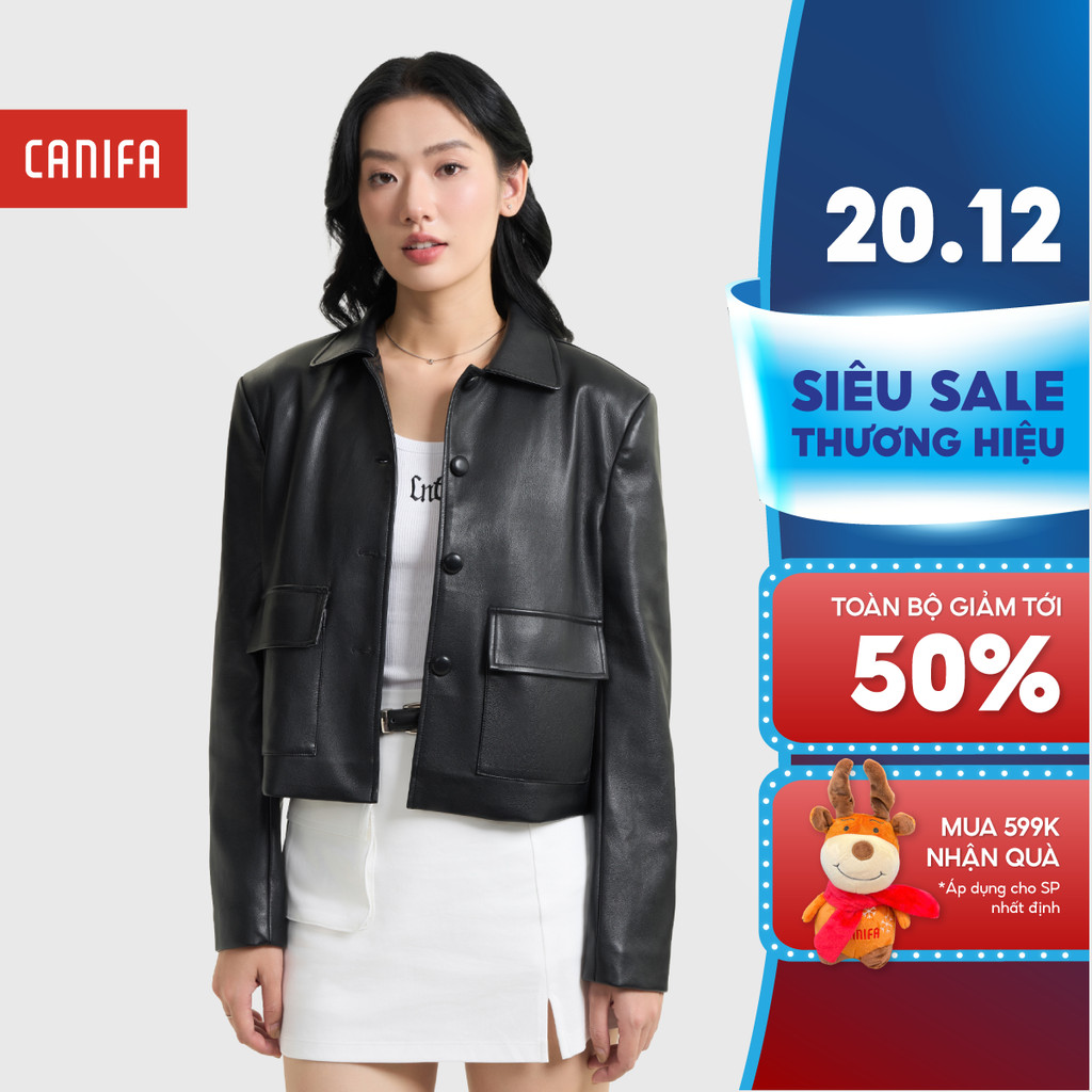 คานิฟา เสื้อแจ็คเก็ตหนังผู้หญิงแขนยาวคอปกกระดุมและกระเป๋าพนัง 6OT25ว005