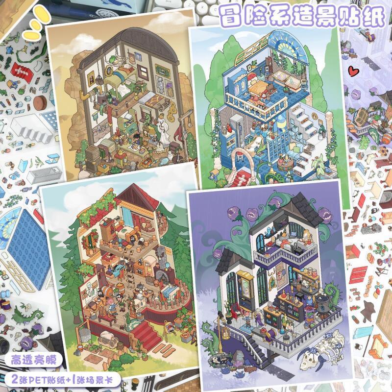 WEI 4 ชิ้น [Villa Series] สติกเกอร์ภูมิทัศน์ 3D จัมโบ้กันน้ํา Scrapbooking Planner สติกเกอร์สําหรับน