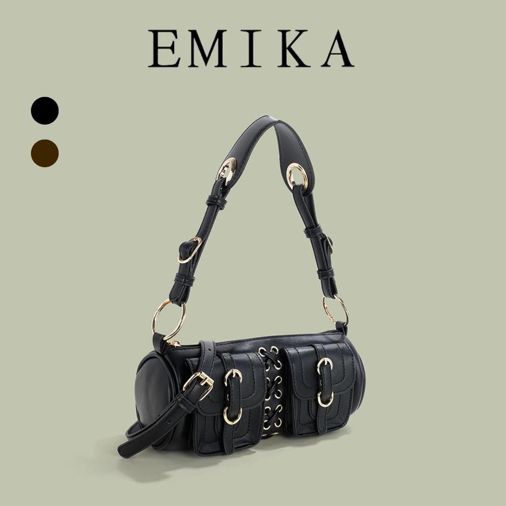 EMIKA กระเป๋าแบร็ตต์สุด Exclusive สไตล์มอเตอร์ไซค์หนัง สีดำ/สีน้ำตาล Premium กระเป๋าสะพายข้างแบบลิมิเต็ดเอดิชัน