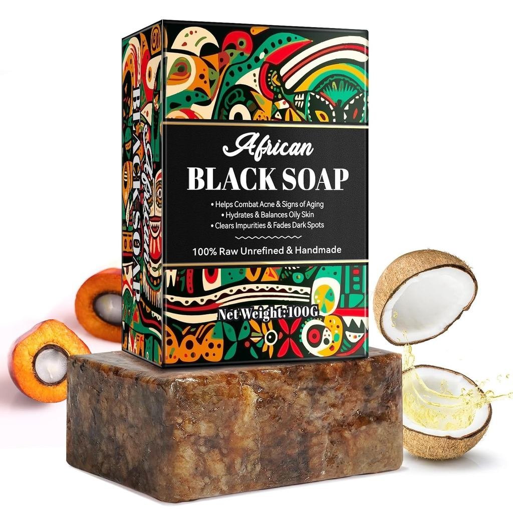 Organic African Black Soap, African Soap for Acne & Dark Spots, Raw Black Soap Bar for All Skin Type