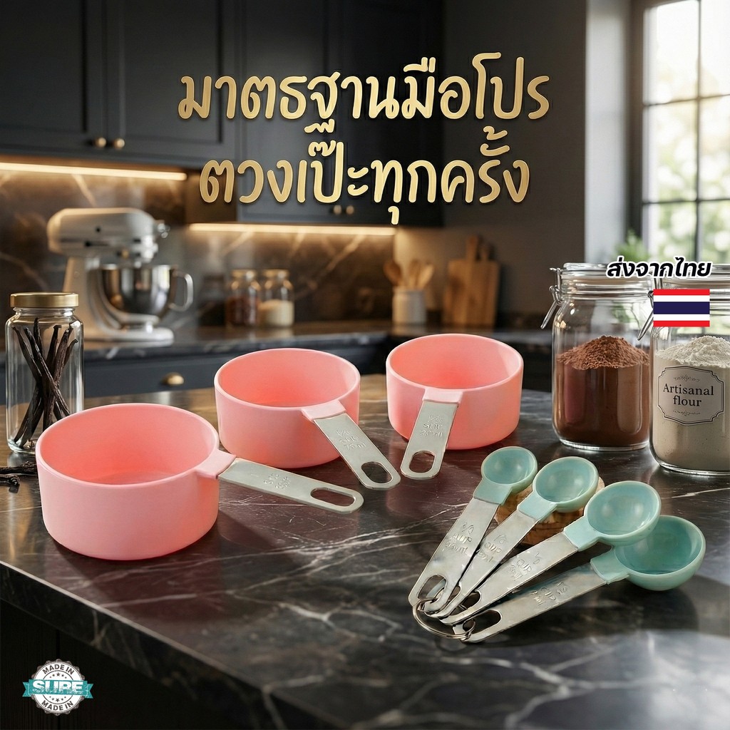 ชุดถ้วยตวงและช้อนตวง 8 ชิ้น ด้ามสแตนเลส ดีไซน์สวย มีมาตรฐานตวง สำหรับทำขนมและเบเกอรี่