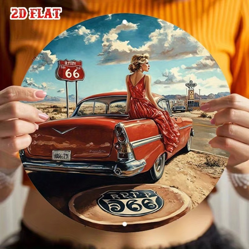 HELLOYOUNG Vintage Metal Route 66 Wall Decor ป้ายกลมอลูมิเนียมสําหรับ Home Garage Cafe