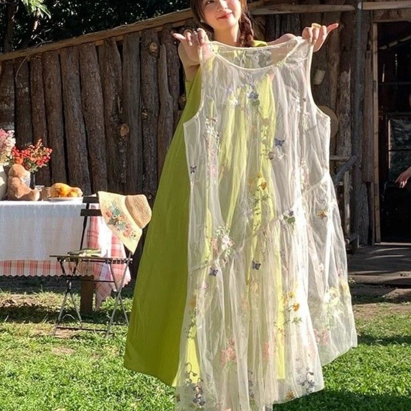 micki✨ผู้หญิง เย็บปักถักร้อย Mesh แขนกุด ชุดเดรส เสื้อกันหนาว กระโปรงเสื้อกั๊ก