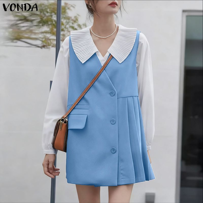 VONDA กระโปรง-mini-A-line สไตล์เกาหลีสำหรับผู้หญิง ปกคอวี พาทเวิร์ค และพลาตเตอรัส — صورة 6