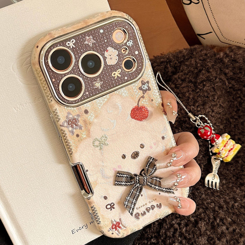 3D Gilded สีน้ําตาลสีขาวตาราง Knot Dog View Window Soft Case สําหรับ iPhone 11 12 13 14 15 16 17 Pro Max ปลอก Anti fall ฝาครอบป้องกันสําหรับ iPhone16Promax กรณี