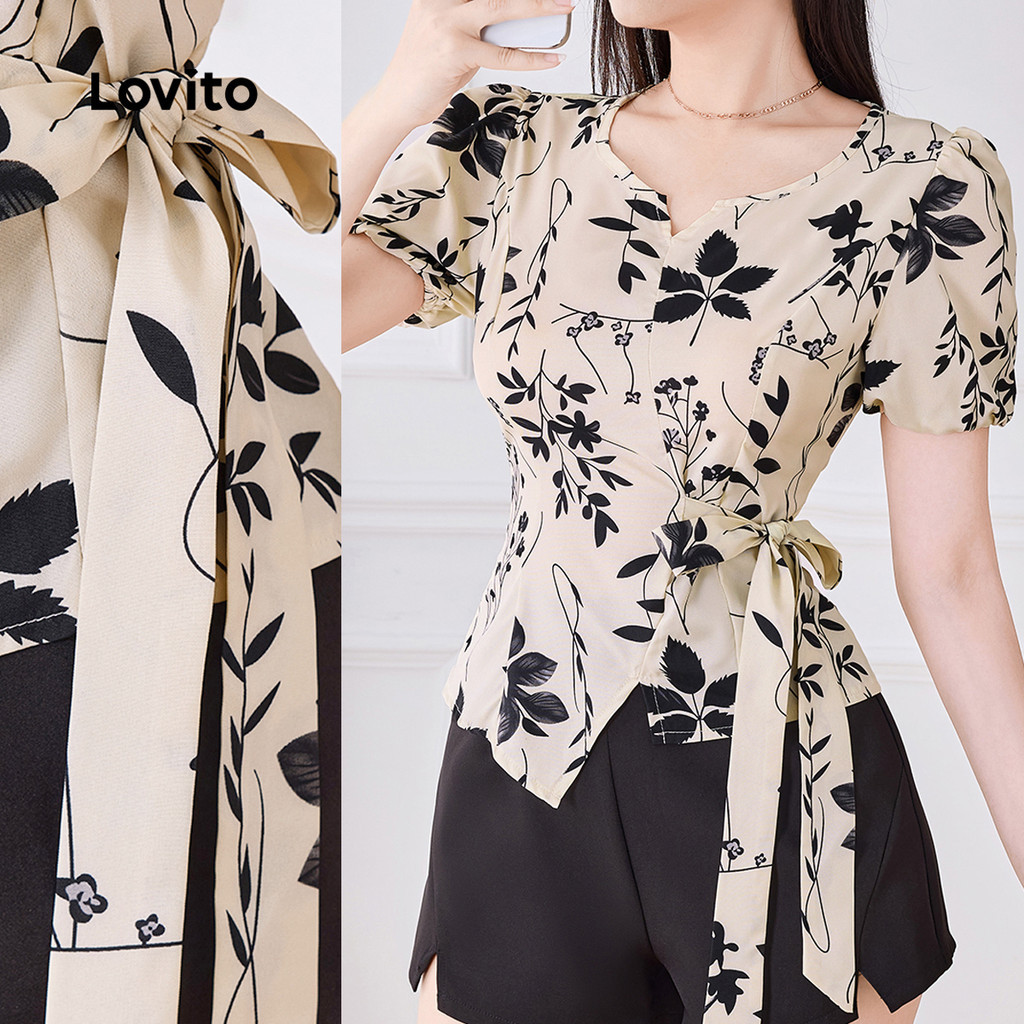 LOVITO ເສື້ອເຊิ้ตລາຍລູກໄມ້ ຜູກເຊືອກ ແບບສະບາຍ ສຳລັບພາກຮຽນ/ຮ້ອນ ສີອາພິຄອດ (L138AD1402)