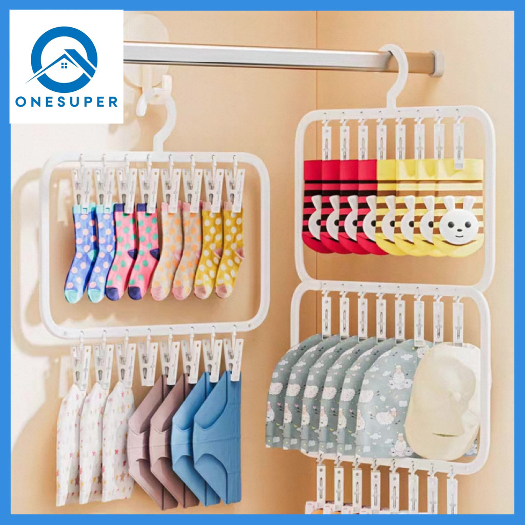 Onesuper อเนกประสงค์ ไม้หนีบผ้าพลาสติก ไม้แขวน ตากถุงเท้า คลิปหนีบ （18-26 คลิป) พับเก็บได้ กันลม