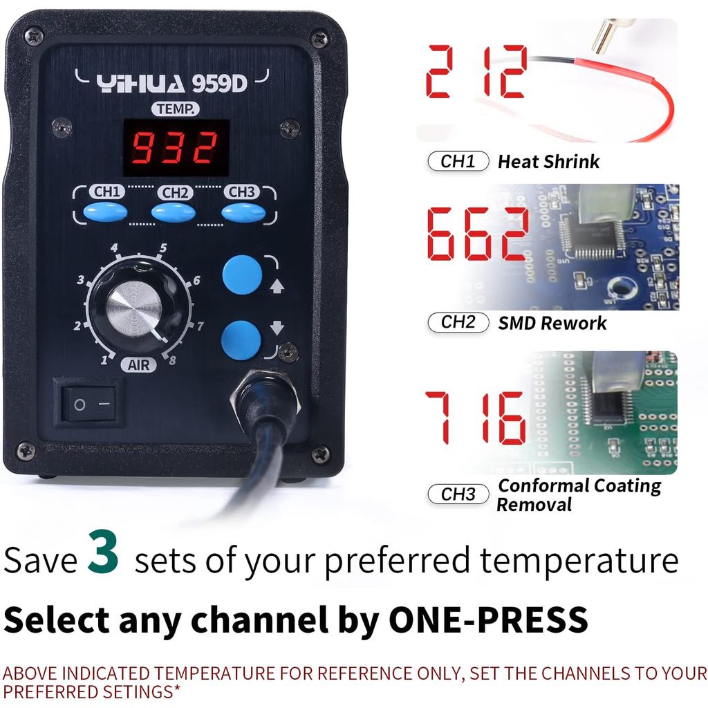 YIHUA 959D-Digital Hot Air Rework Station, พลังงานสูงพร้อม 3 ความทรงจํา, ประสิทธิภาพการไหลของอากาศ, 