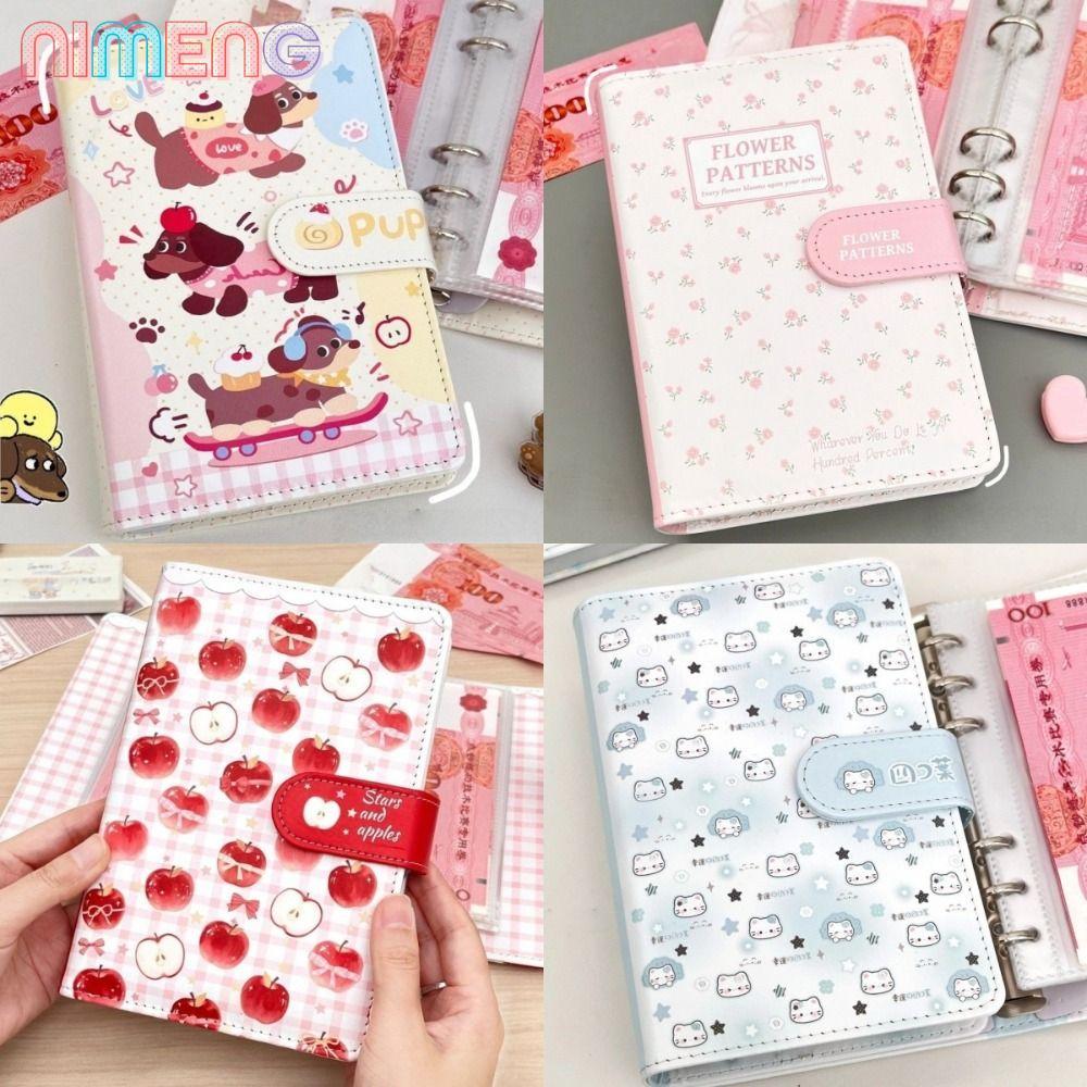 NIMENG Budget Binder, หน้าด้านในดอกไม้แมวสุนัขเงิน Binder, หนัง PU A6 ขนาด Budgets Planner ใช้ในบ้าน