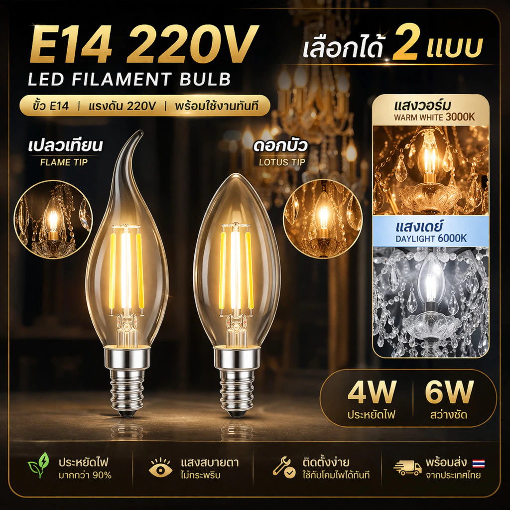 หลอดไฟ LED ทรงเปลวเทียน/ดอกบัว 4W 6W ขั้ว E14 แสง Warm White 3000K / Daylight 6000K