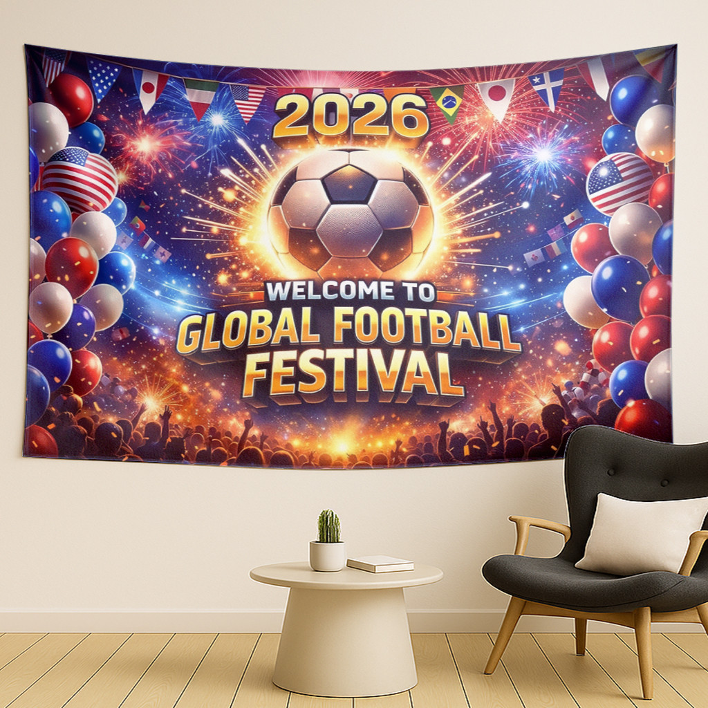 2026 ฟุตบอลโลกธีมฟุตบอลพรมบอลสังเกตเกมพรรคตกแต่งพื้นหลังผ้าบาร์ เคทีวี เหตุการณ์บรรยากาศตกแต่งผ้าเหตุการณ์กีฬา ต่อย-ใน ภาพผ้า