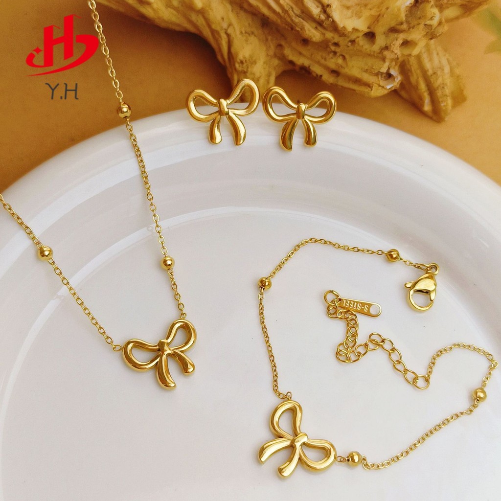 Y.H 316L ผีเสื้อ สีทอง 18 K สร้อยคอสแตนเลส สร้อยข้อมือ