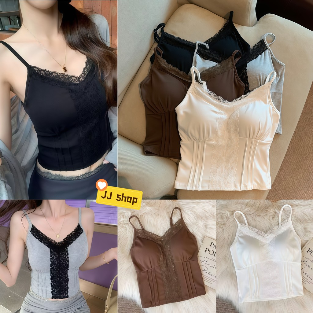 JJ Shop​💜พร้อมส่ง สายเดี่ยวลูกไม้แฟชั่นสำหรับผู้หญิง ปรับให้เข้ารูปและดูผอม ผ้านุ่ม มีหลายสี-FY10104
