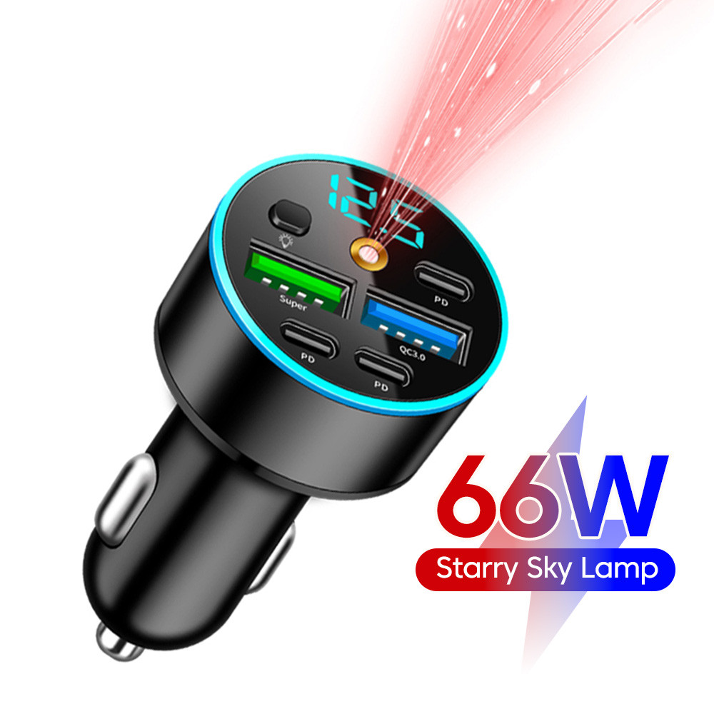 Elough 66W 5 พอร์ต Car Charger QC3.0 Fast Charging USB Type-C Power Adapter เครื่องชาร์จโทรศัพท์พร้อมโคมไฟ Starry Sky