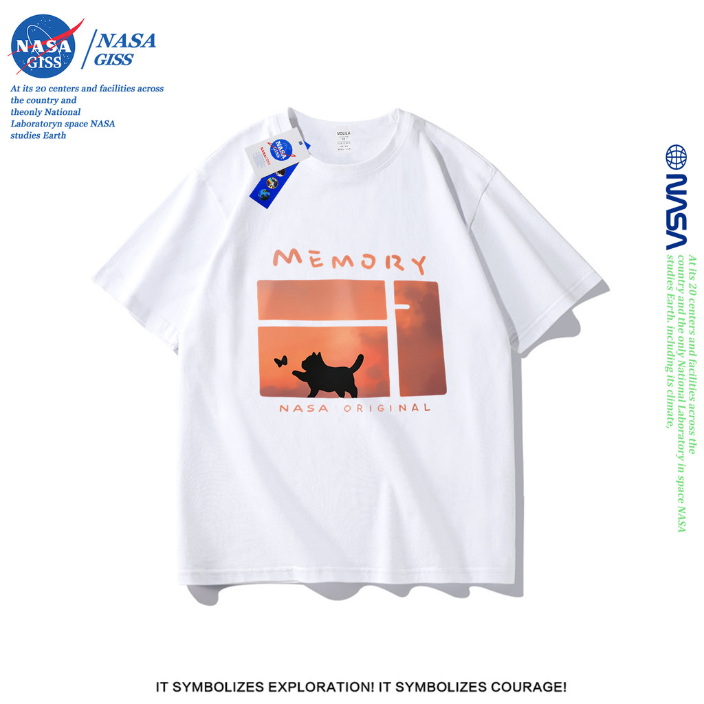 NASA เสื้อยืดชายหญิงแขนสั้น สไตล์ลำลอง summer ลูกแมวพระอาทิตย์ตก พิมพ์ลาย คอตตอน คอกลม หลวมและระบายอากาศ