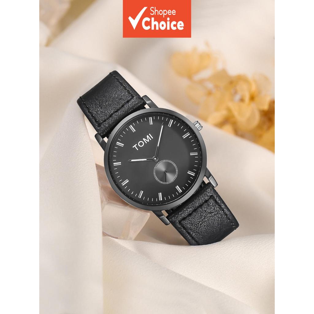 TOMI Men Minimalist Small Second Black Dial White Mark Leather Watch Gift