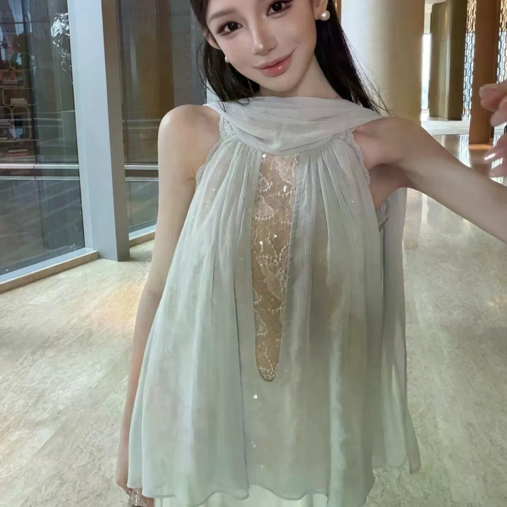 Lace Stitching Streamer Halterneck Top เสื้อชีฟอง