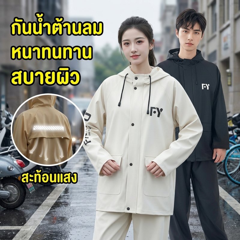 ชุดกันฝน เสื้อกันฝน พีวีซี ขี่มอเตอร์ไซค์ รถปอนโชแบตเตอรี่ สีกากี ดำ ขาวมะพร้าว มะกอก สวมใส่สบาย