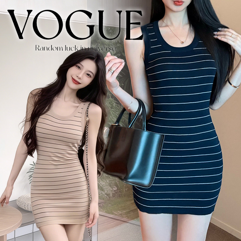 Vogue🌟พร้อมส่ง🌟 ชุดเดรสมินิ ไหมพรม ลายทางมี2สี เข้ารูปใส่สวย ชิวๆไปคาเฟ่ (M0678)